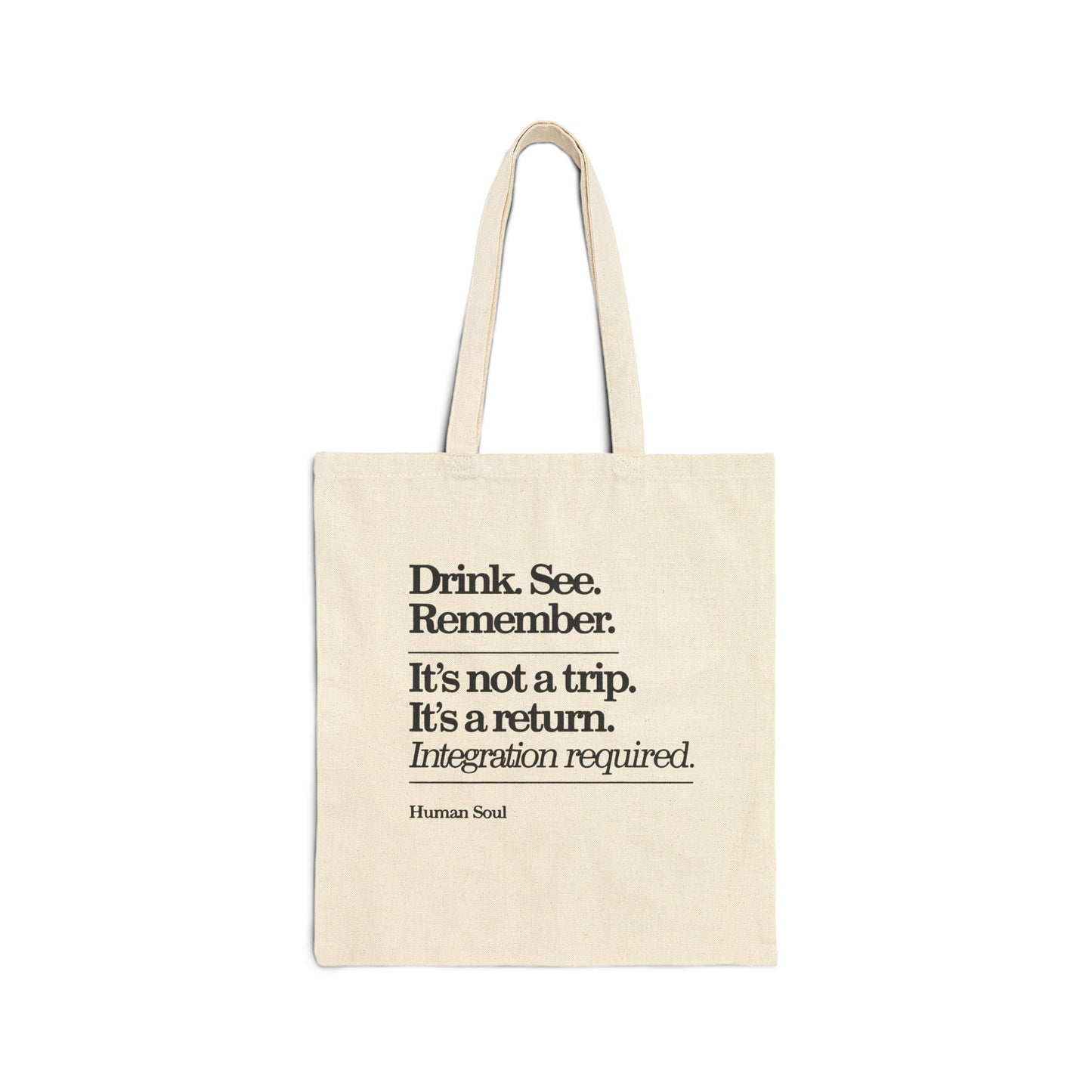 Front view of Ayahuasca Quote Canvas Tote Bag with psychedelic design.