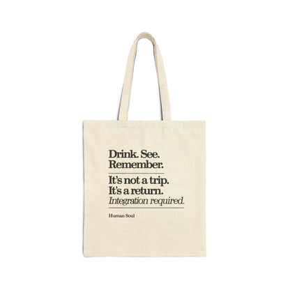 Front view of Ayahuasca Quote Canvas Tote Bag with psychedelic design.