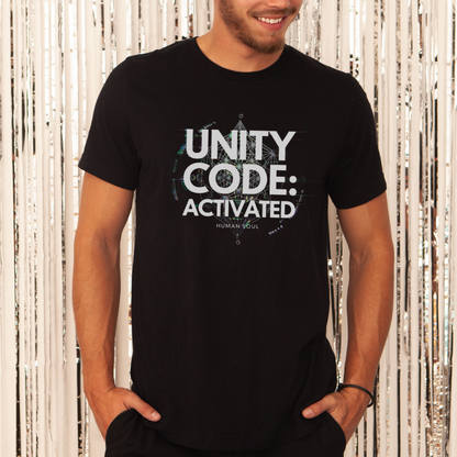 Front view of Sacred Geometry Unity Code Activated T-Shirt with cosmic design.