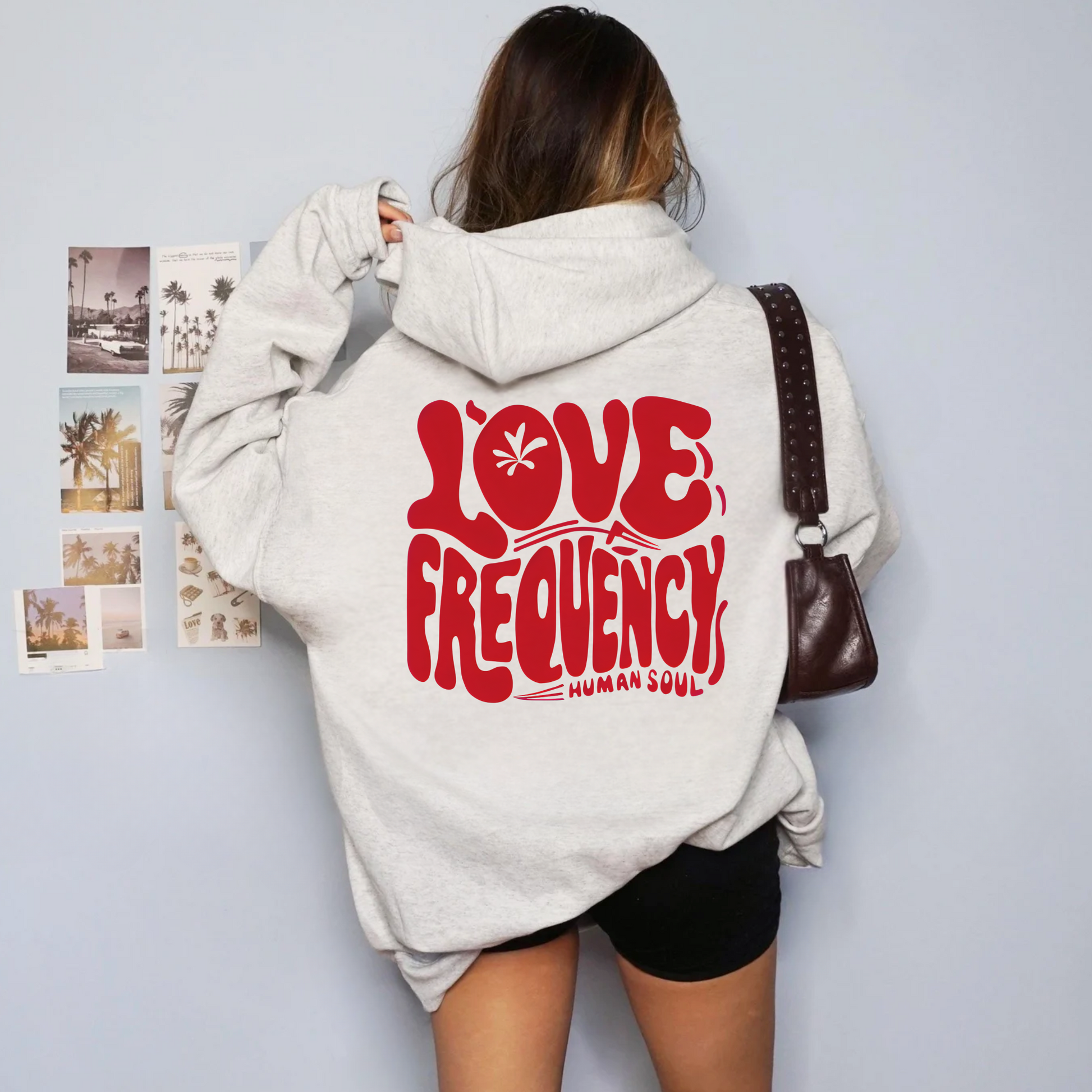 Back view of Love Frequency Hoodie with back print, perfect spiritual hoodie or gift for valentines day.