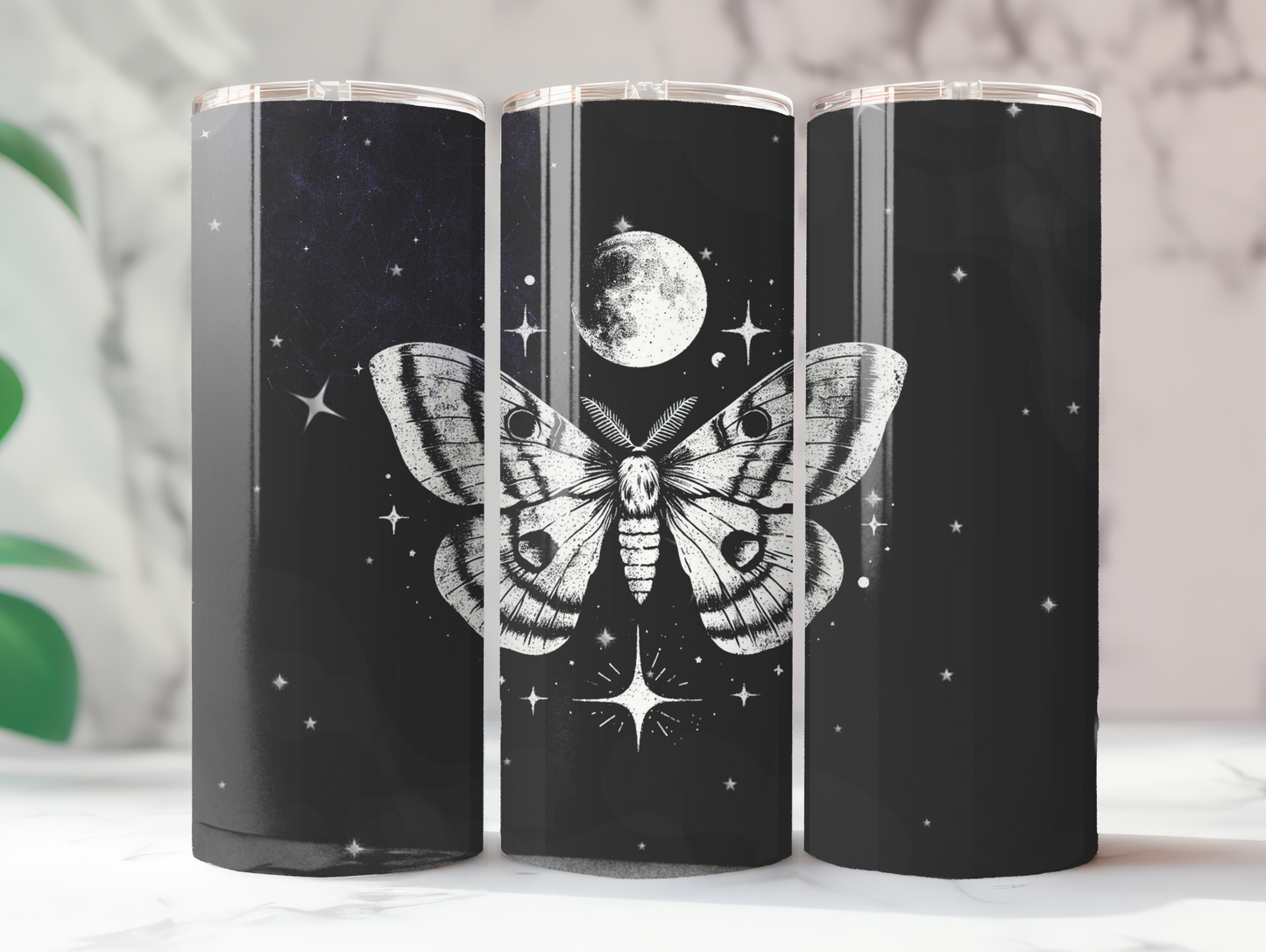 Luna Moth and Cosmic Moon Tumbler - 20oz Skinny Design with Straw, Travel Mug