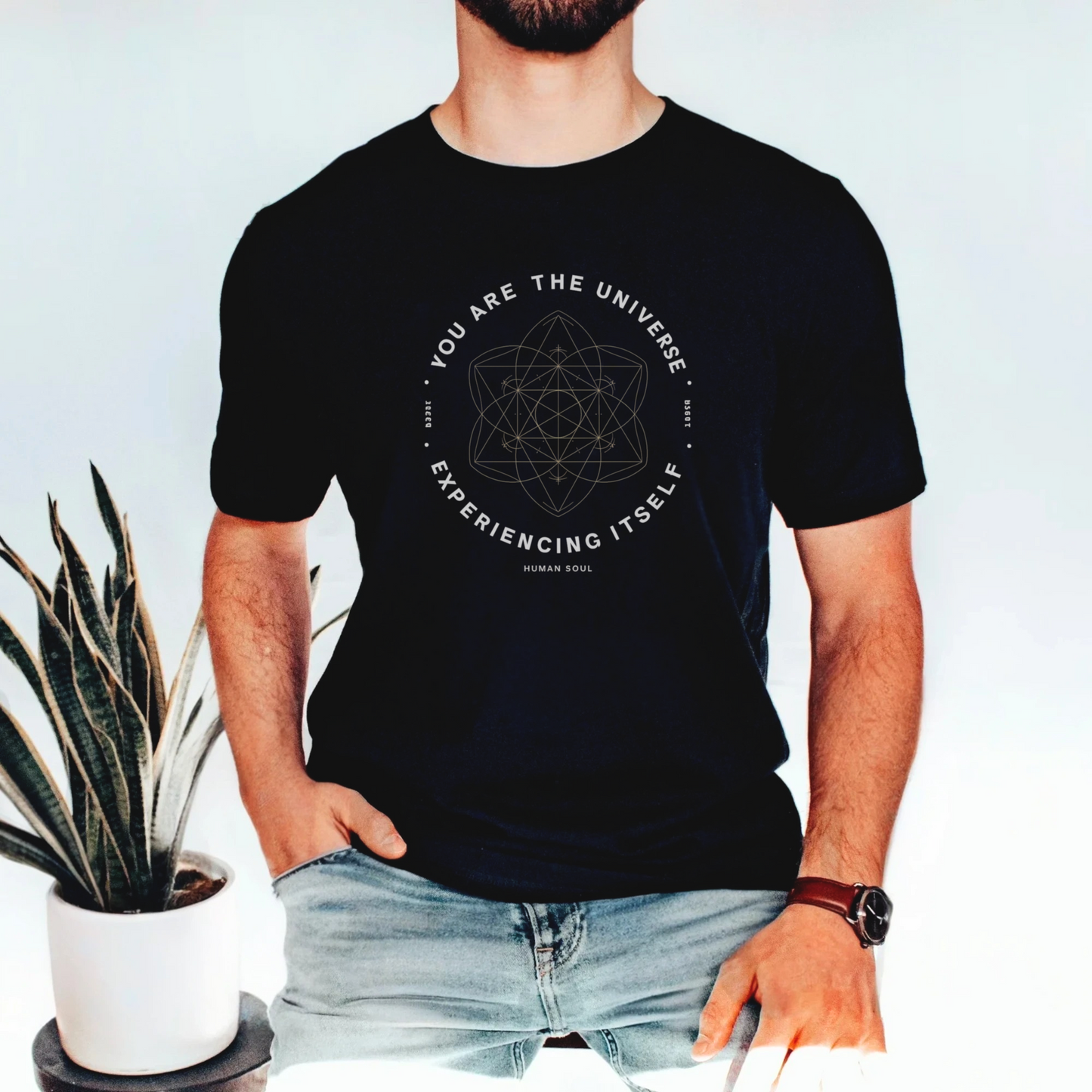 Front view of Mens Sacred Geometry t-shirt with spiritual quote "You are the Universe Experiencing Itself".