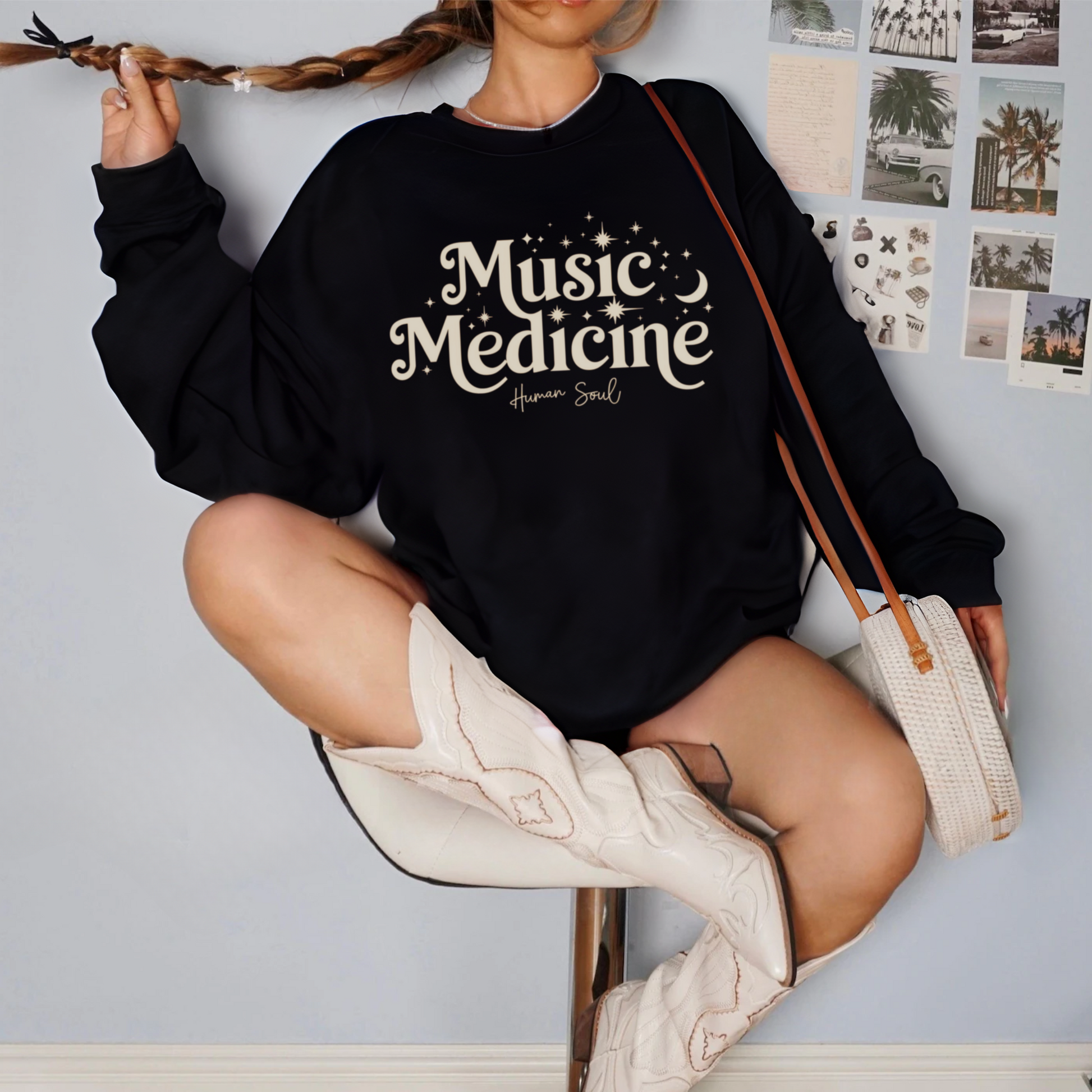 Music Medicine Cosmic Women's Sweatshirt featuring a celestial and music-inspired design for sound healing lovers.