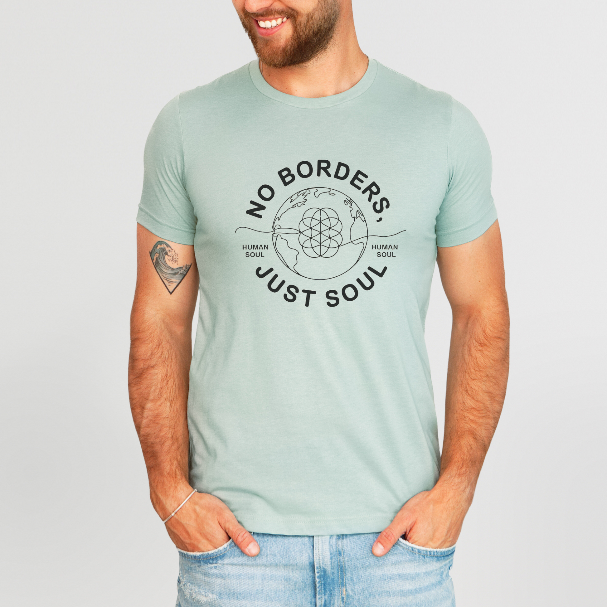 Front view of No Borders, Human Soul T-Shirt with globe and sacred geometry design