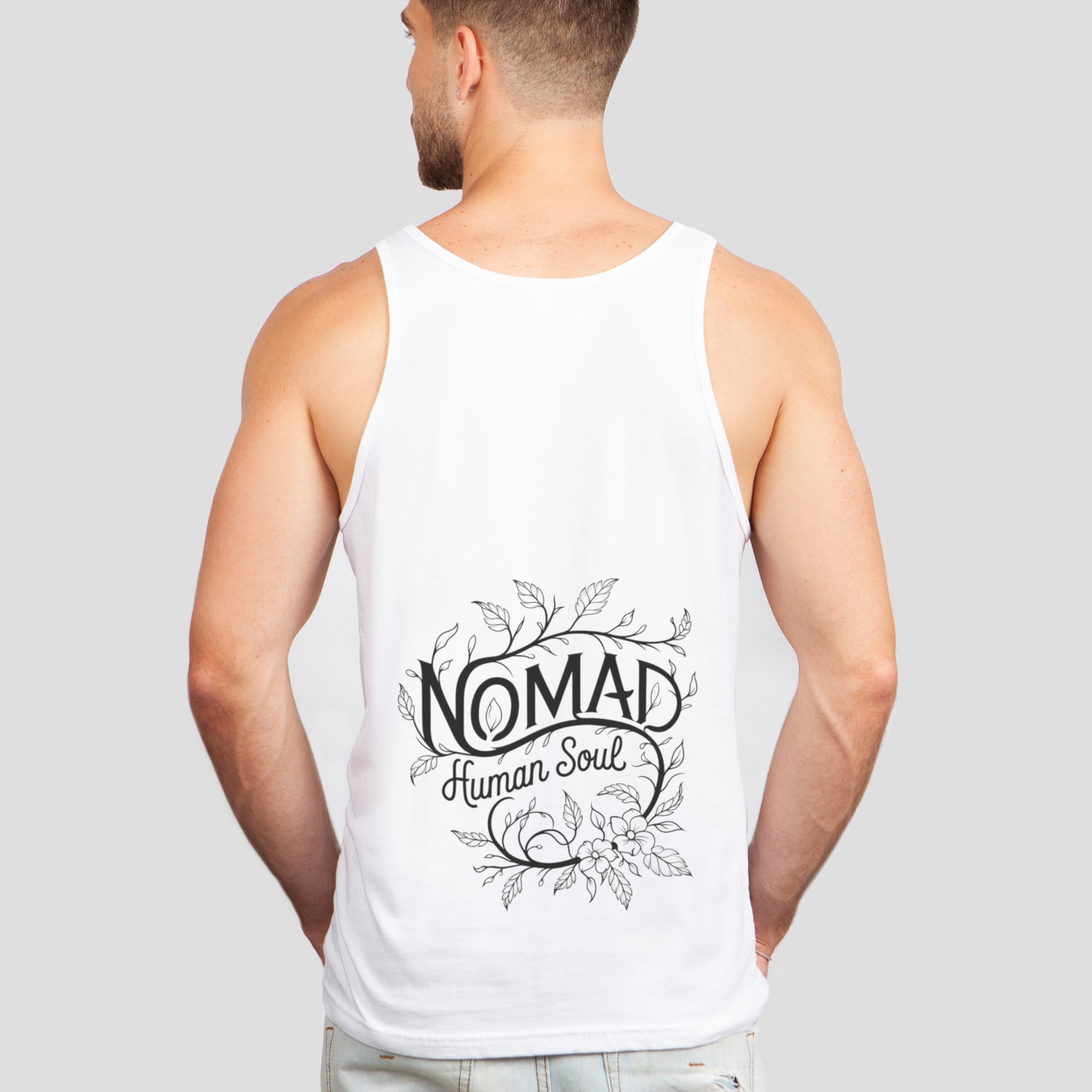 Back view of Nomad Men's Tank Top with a floral tattoo design.