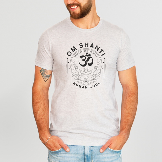 Om Shanti Peace Beyond the Noise Men's Tee in the color 'ash'.