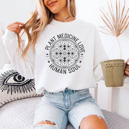 Model wearing Plant Medicine Sacred Geometry Sweatshirt with psychedelic-inspired sacred geometry design
