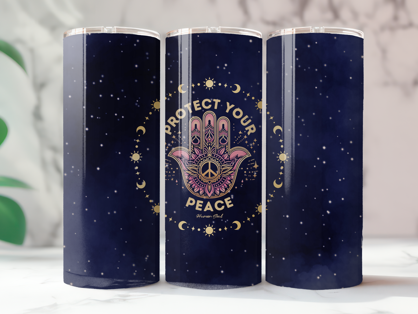 Protect Your Peace, Hamsa Hand with Om Symbol 20oz Skinny Tumbler with Straw