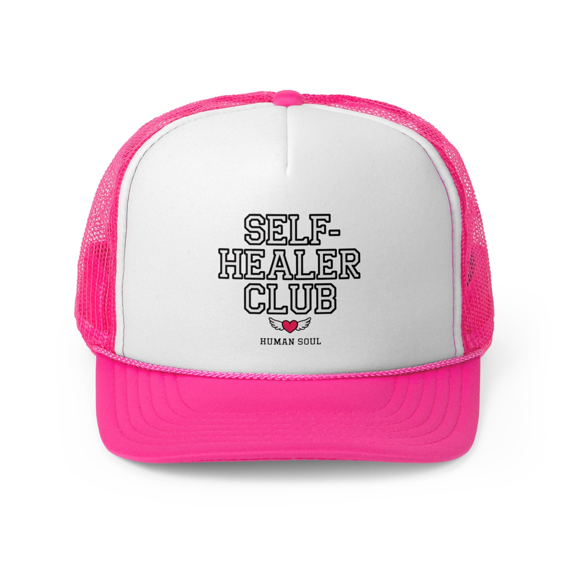Self Healer Club pink mesh trucker hat, a stylish cap for wellness enthusiasts and energy healers.