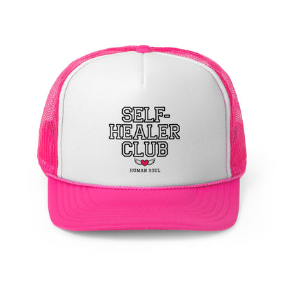 Self Healer Club pink mesh trucker hat, a stylish cap for wellness enthusiasts and energy healers.
