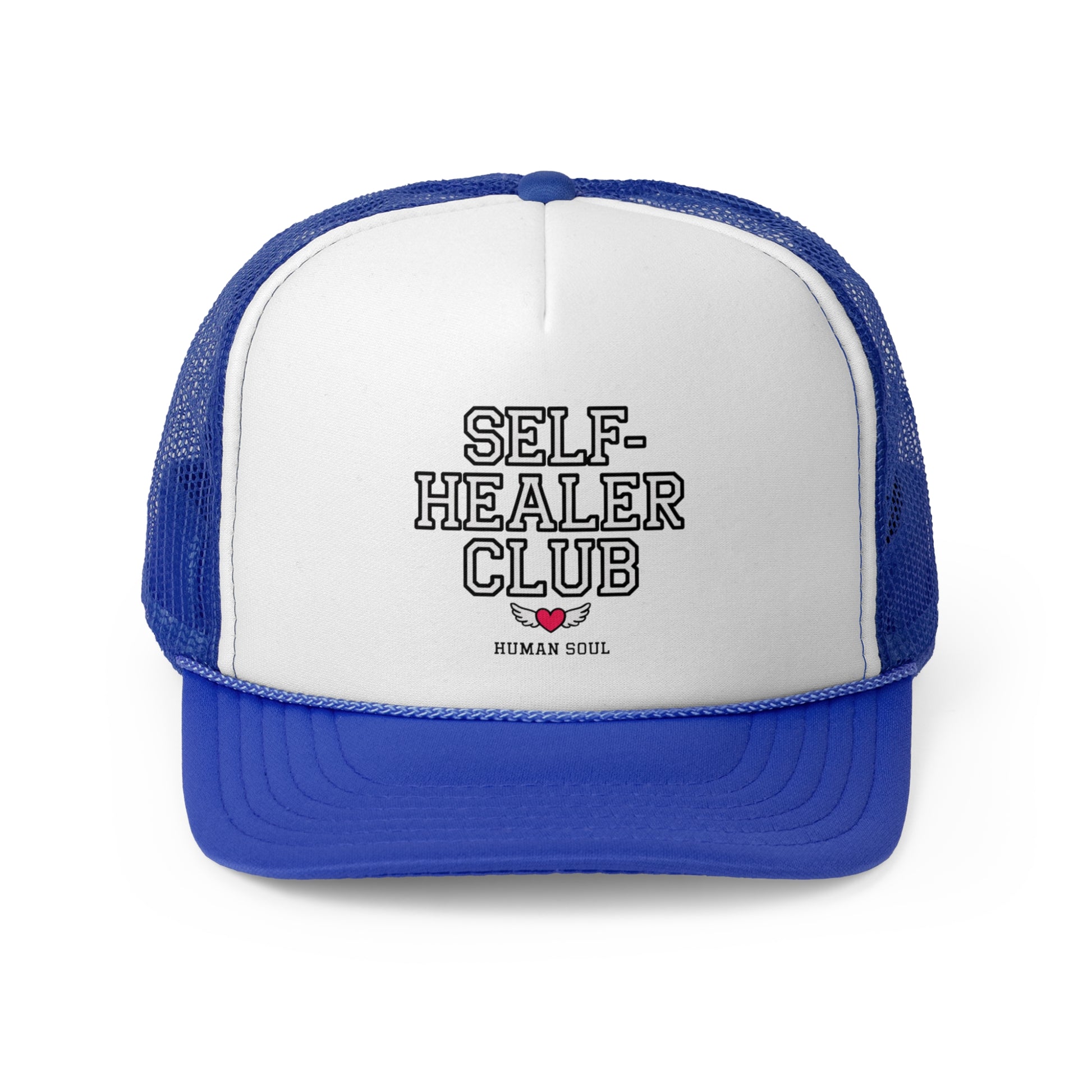 Self Healer Club blue and white mesh trucker hat, a stylish cap for wellness enthusiasts and energy healers.