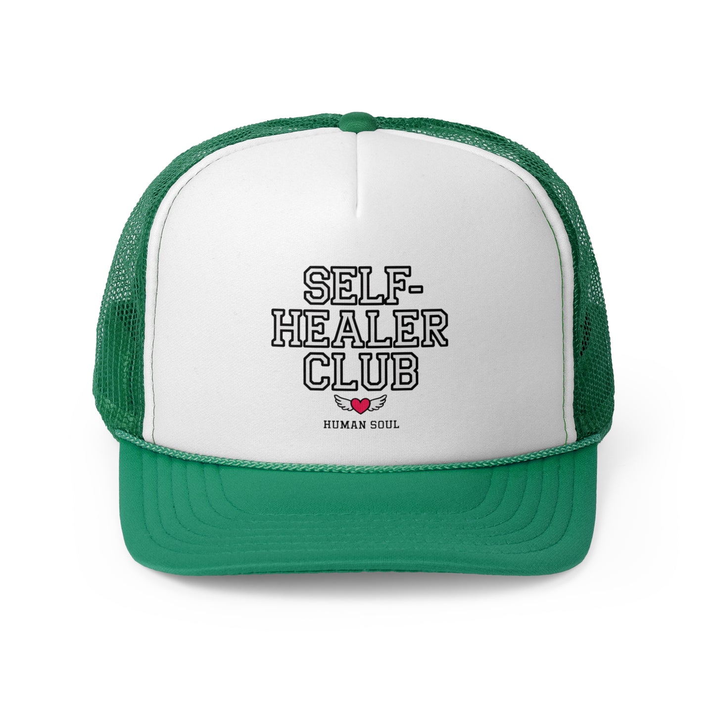 Self Healer Club green and white mesh trucker hat, a stylish cap for wellness enthusiasts and energy healers.