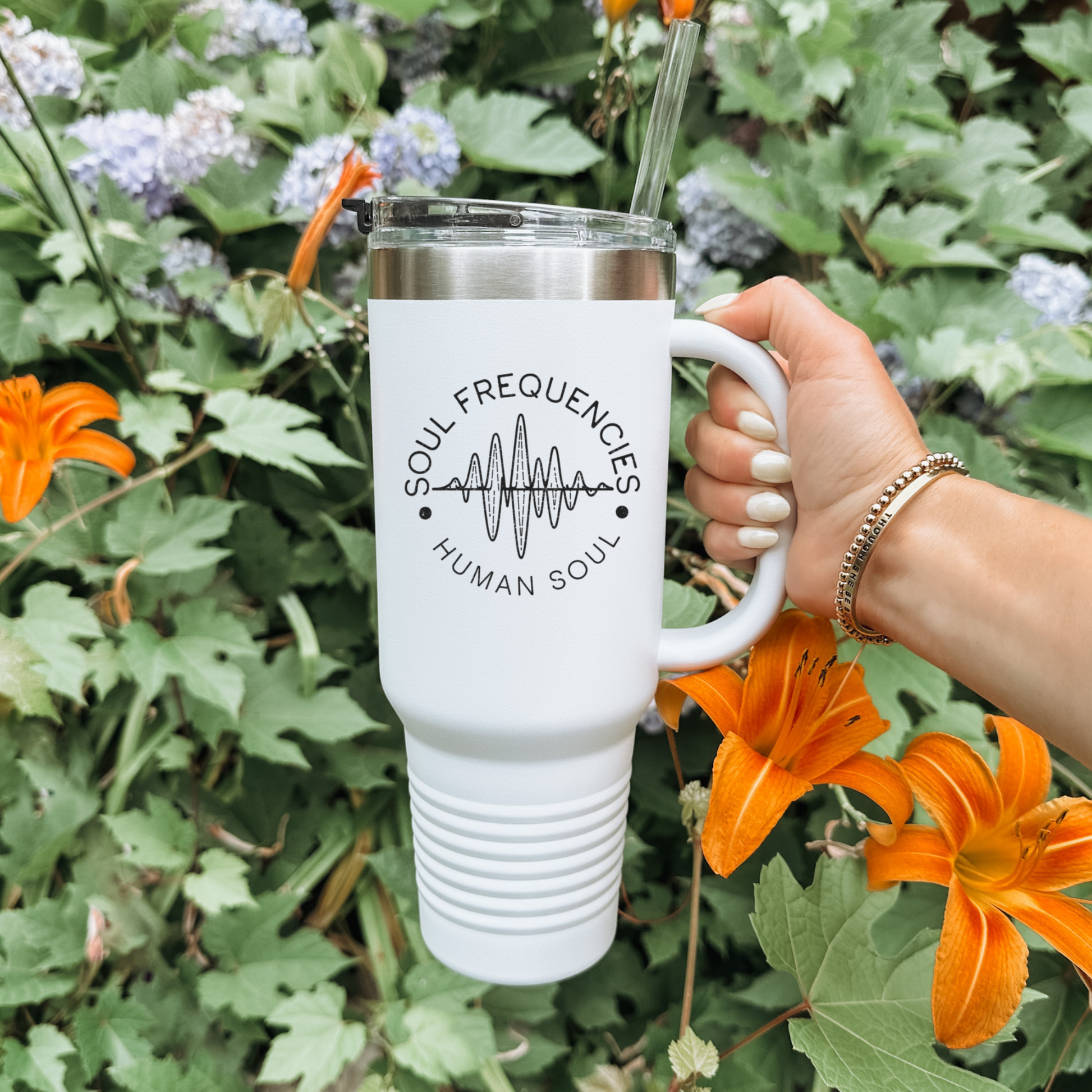 40oz insulated travel mug featuring 'Soul Frequencies' text with a frequency wave design, perfect for high-vibe living.