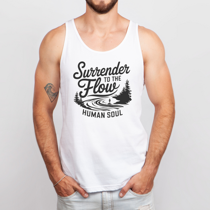 Front view of Surrender to the Flow Men's Yoga Tank with minimalist design