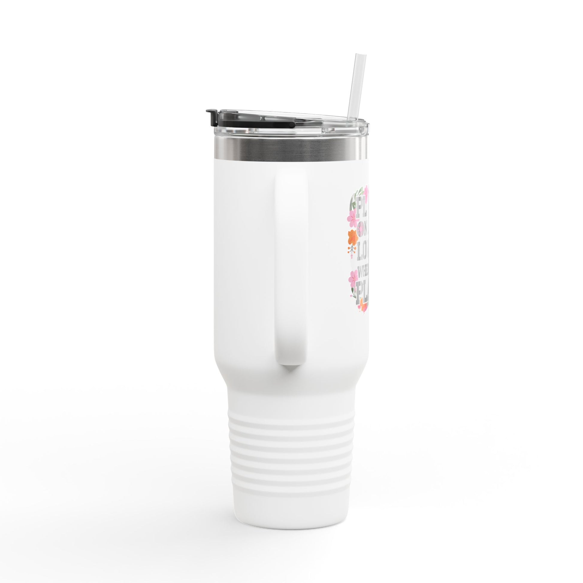 Side angle of the Fleetwood Mac lyric travel mug, showcasing its ergonomic handle and large capacity.