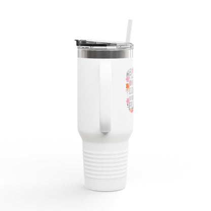 Side angle of the Fleetwood Mac lyric travel mug, showcasing its ergonomic handle and large capacity.