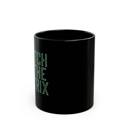 Side angle of the cyberpunk-style Matrix glitch mug, perfect for tech enthusiasts and truth seekers.