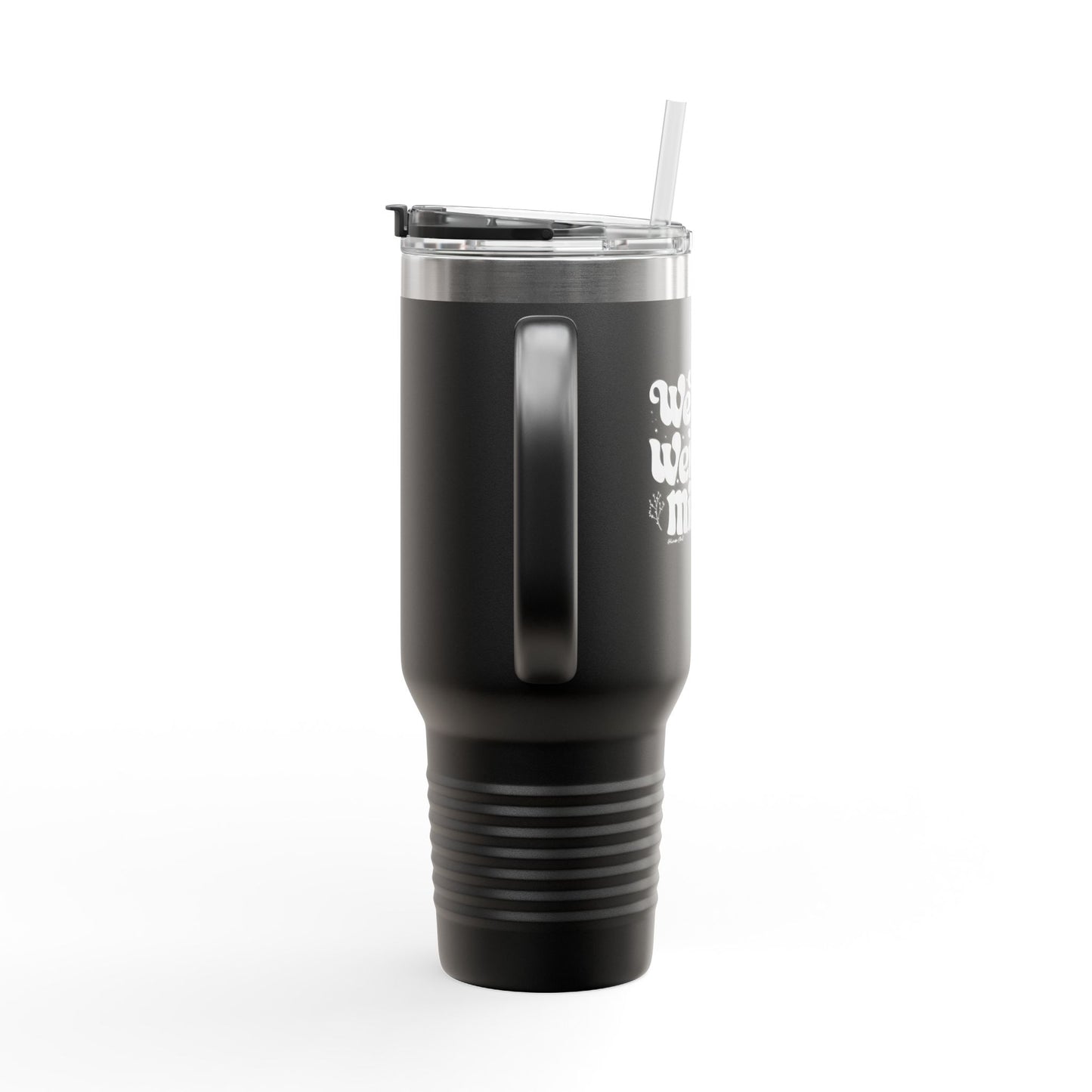 Side angle of the 40oz travel mug, highlighting its sturdy handle and smooth, matte finish for a comfortable grip.