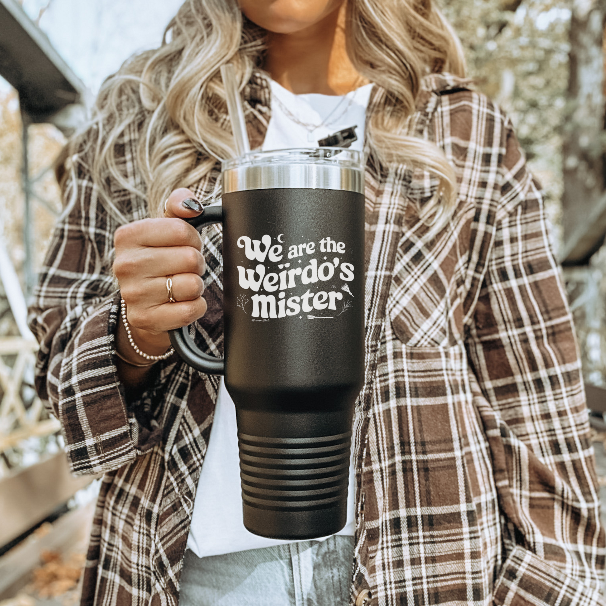 40oz insulated travel mug with the witchy quote 'We Are the Weirdos, Mister' in bold, mystical lettering. Inspired by The Craft, this durable tumbler keeps drinks hot or cold while embracing your magical side.