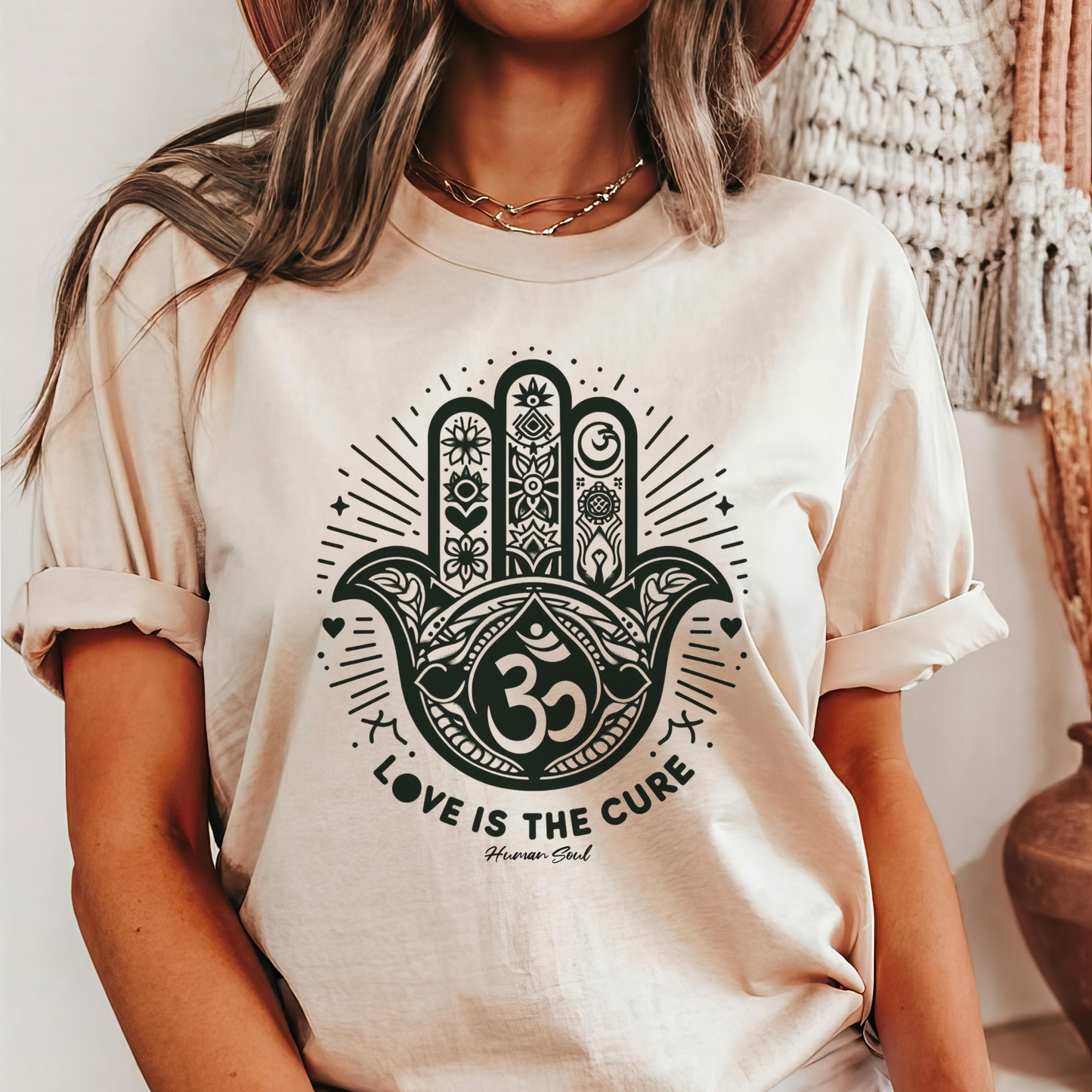 Love is the Cure, Hamsa Hand with Om Symbol T-Shirt